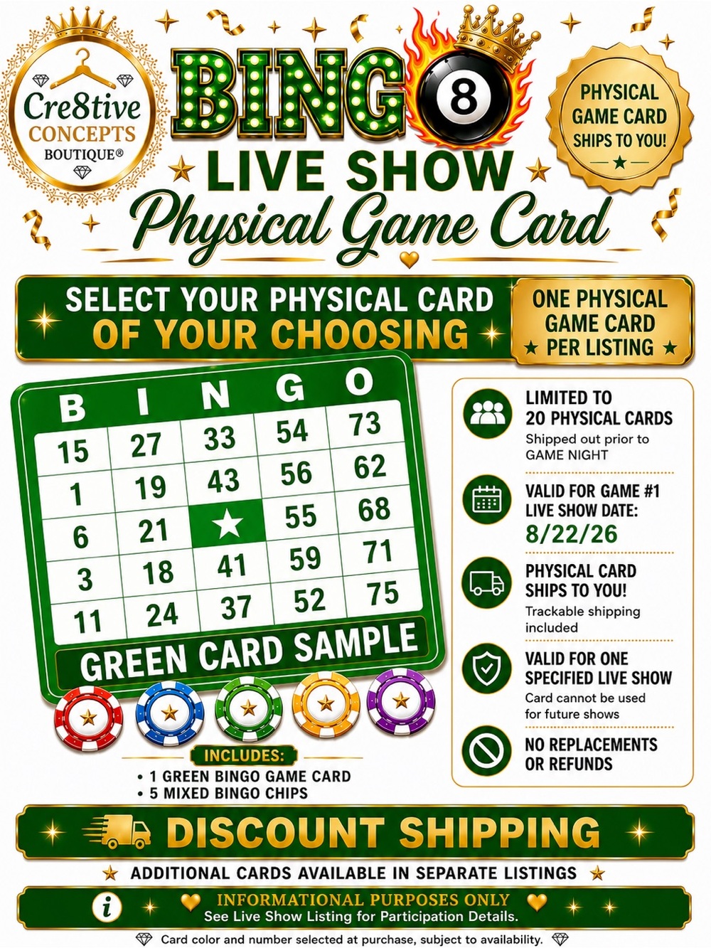 Buy NOW: GREEN BINGO Card plus 5 Colored Chips-Pick One!!